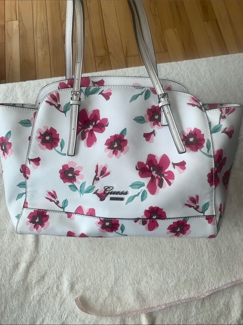 Guess White Floral Dome Satchel with Pink Accents